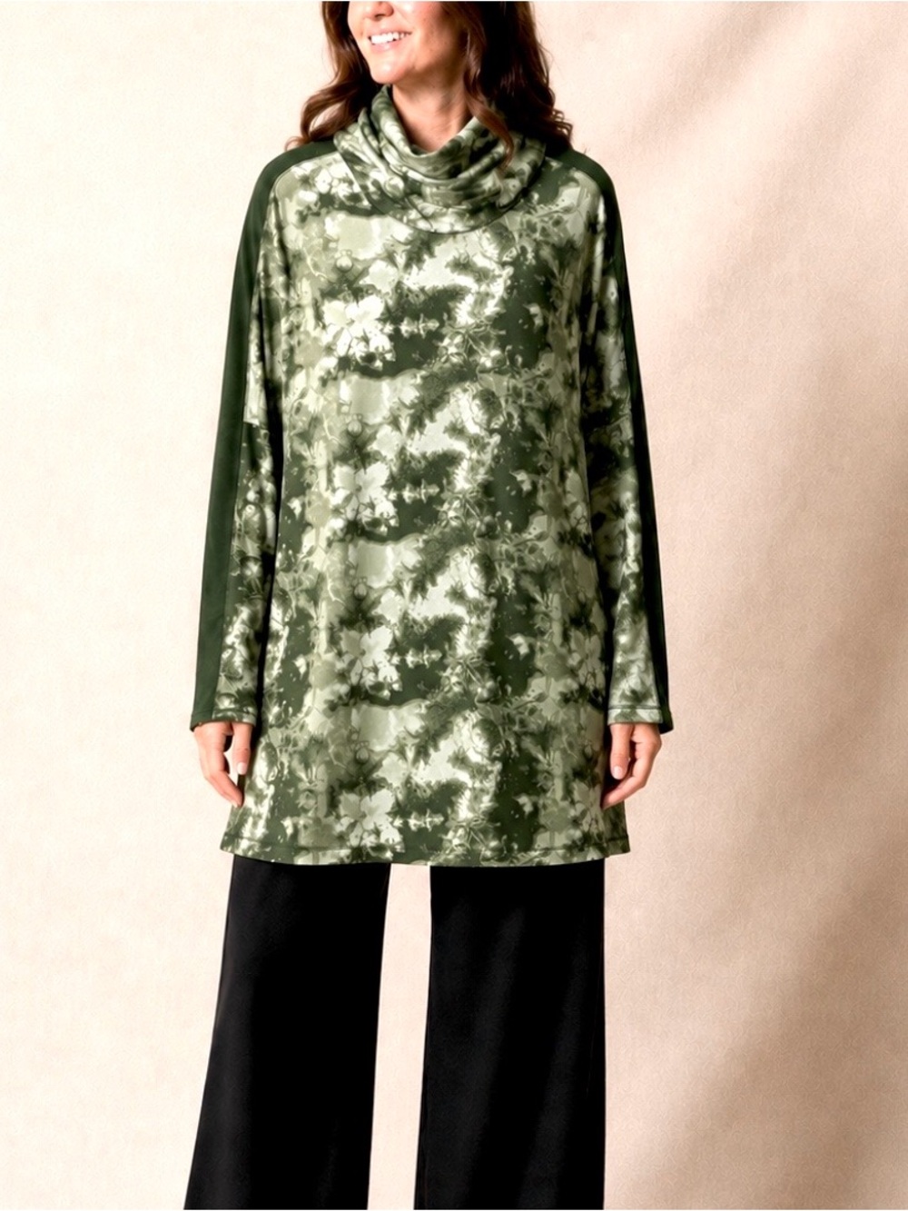 NWOT CAROLE HOCHMAN FEATHER SOFT COWL NECK TUNIC 3X/4X TIE DYE FALL GREEN RIBBED